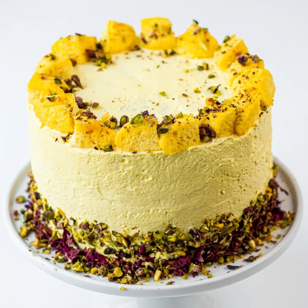 Rasmalai cake topped with pistachio and rose petals from Cravours By Craze in northeast Calgary, AB